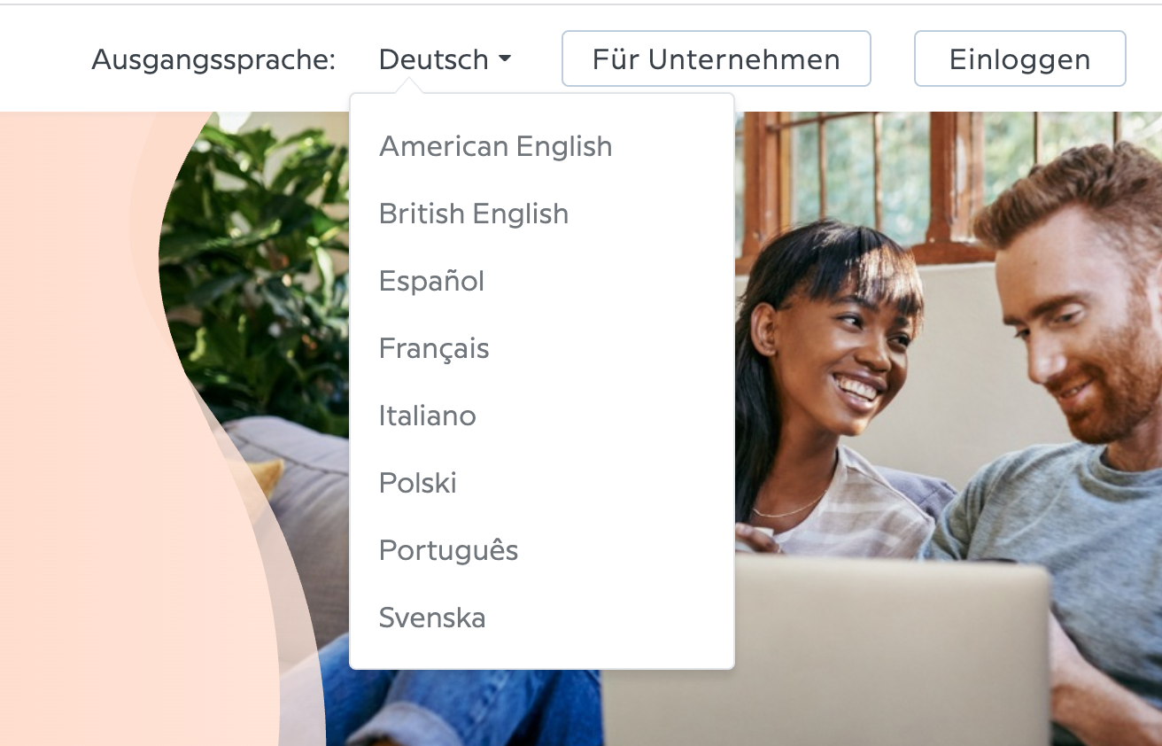 A German-language interface labeled Ausgangssprache: Deutsch